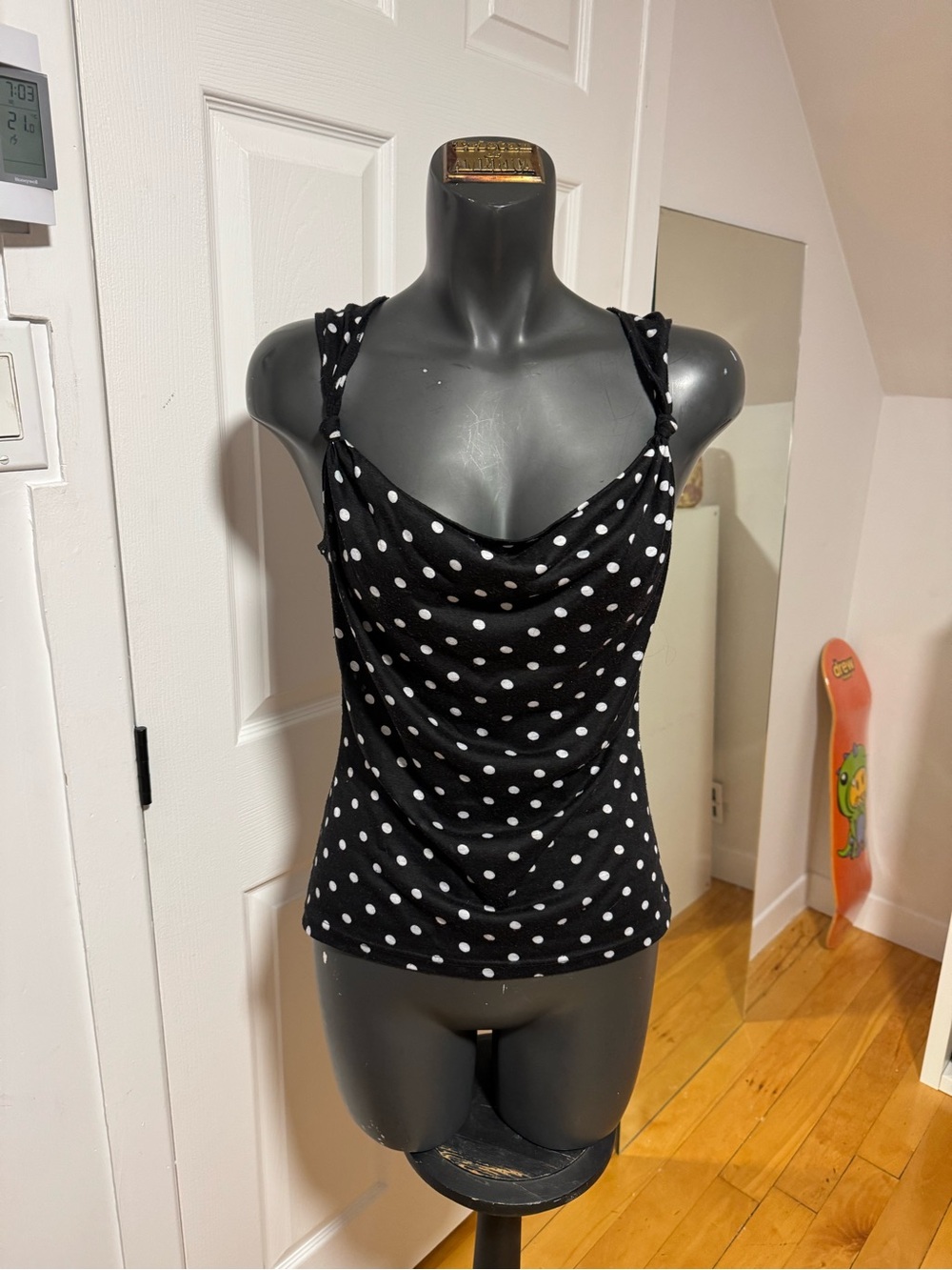 Black Polka Dot Cowl Neck Tank Top - Women